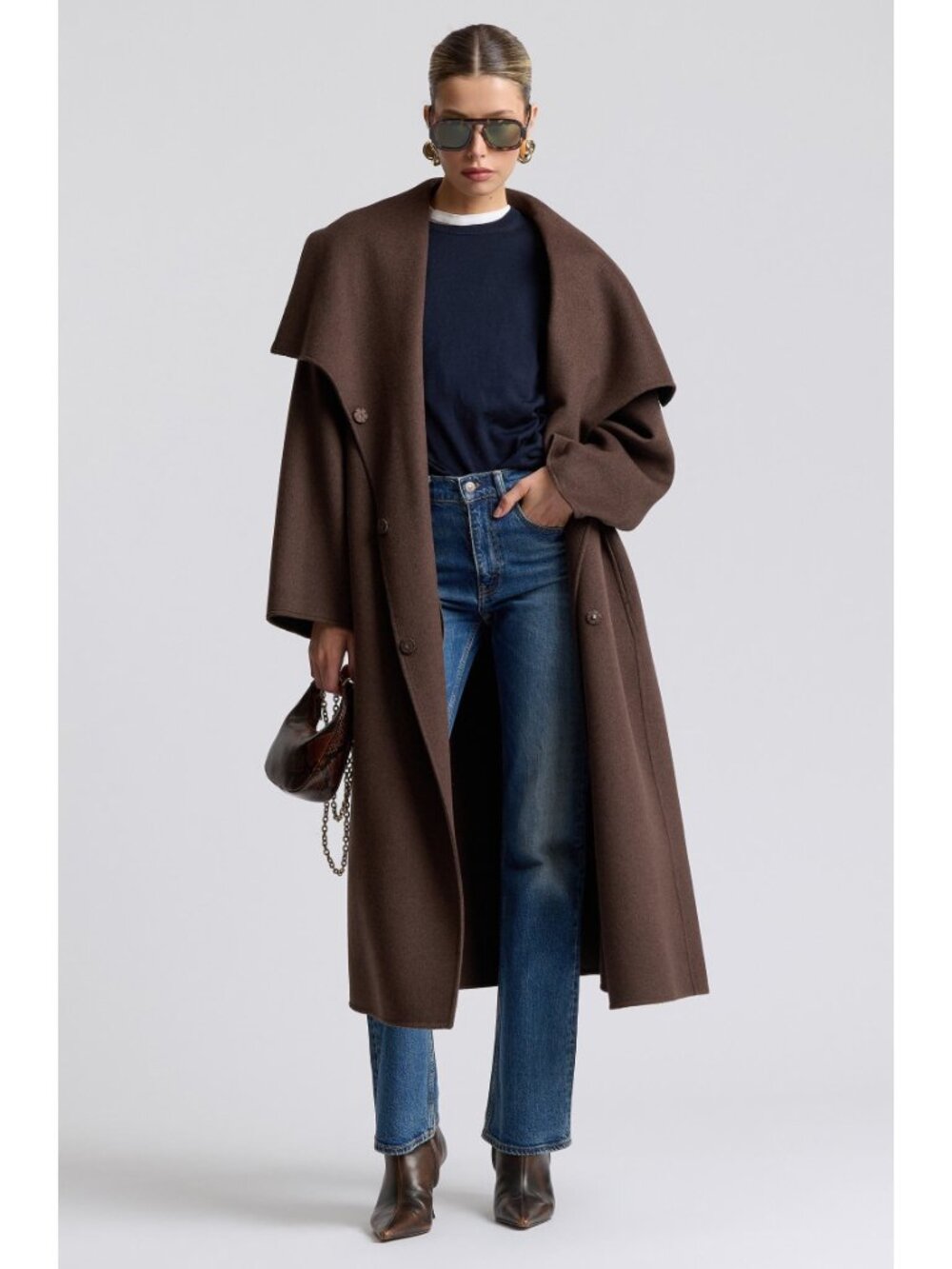 New Avec Les Filles Shawl Collar Wool Blend Oversized Coat Dark Truffle XS